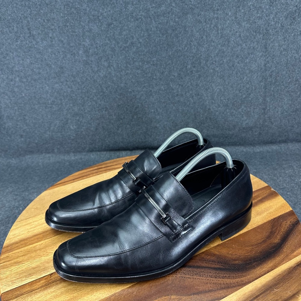 Hugo Boss Mens Black Leather Square Toe Bit Horsebit Loafers Dress Shoes Size 8 - Picture 5 of 12